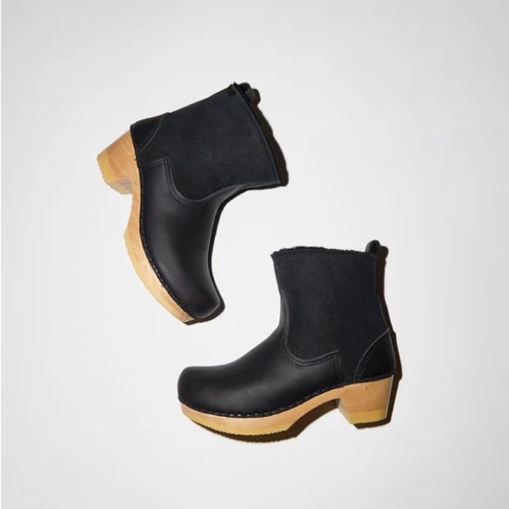 NO. 6 Pull on Shearling Clog Boot Mid Heel in Black Suede size 35